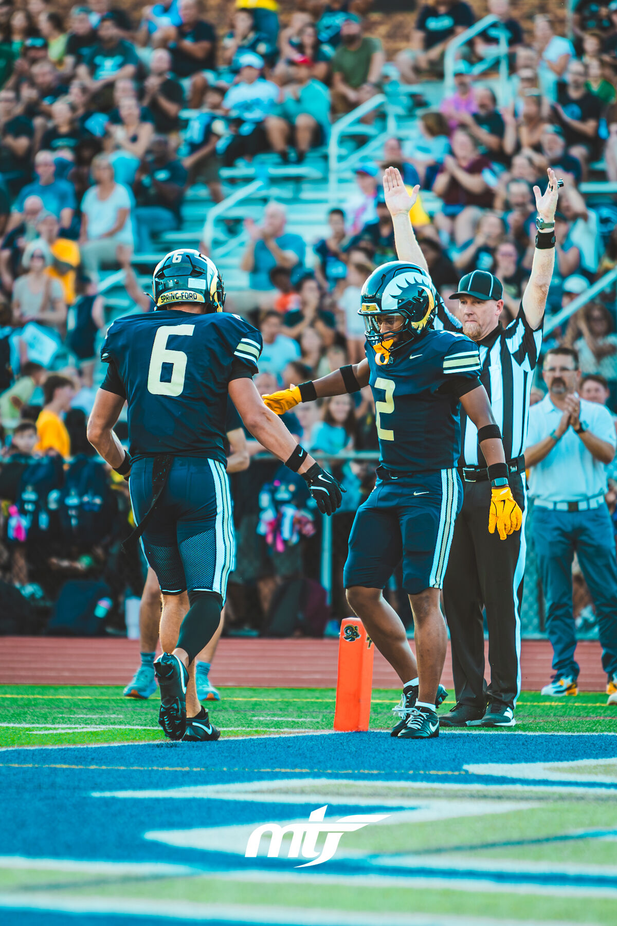 Teammates celebrating in the end zone as the referee signals touchdown